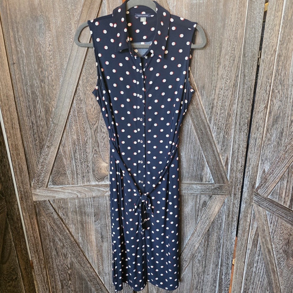 Tommy Hilfiger Dress Women's Size 10 Navy Blue White Polka Dot Sleeveless Shirt